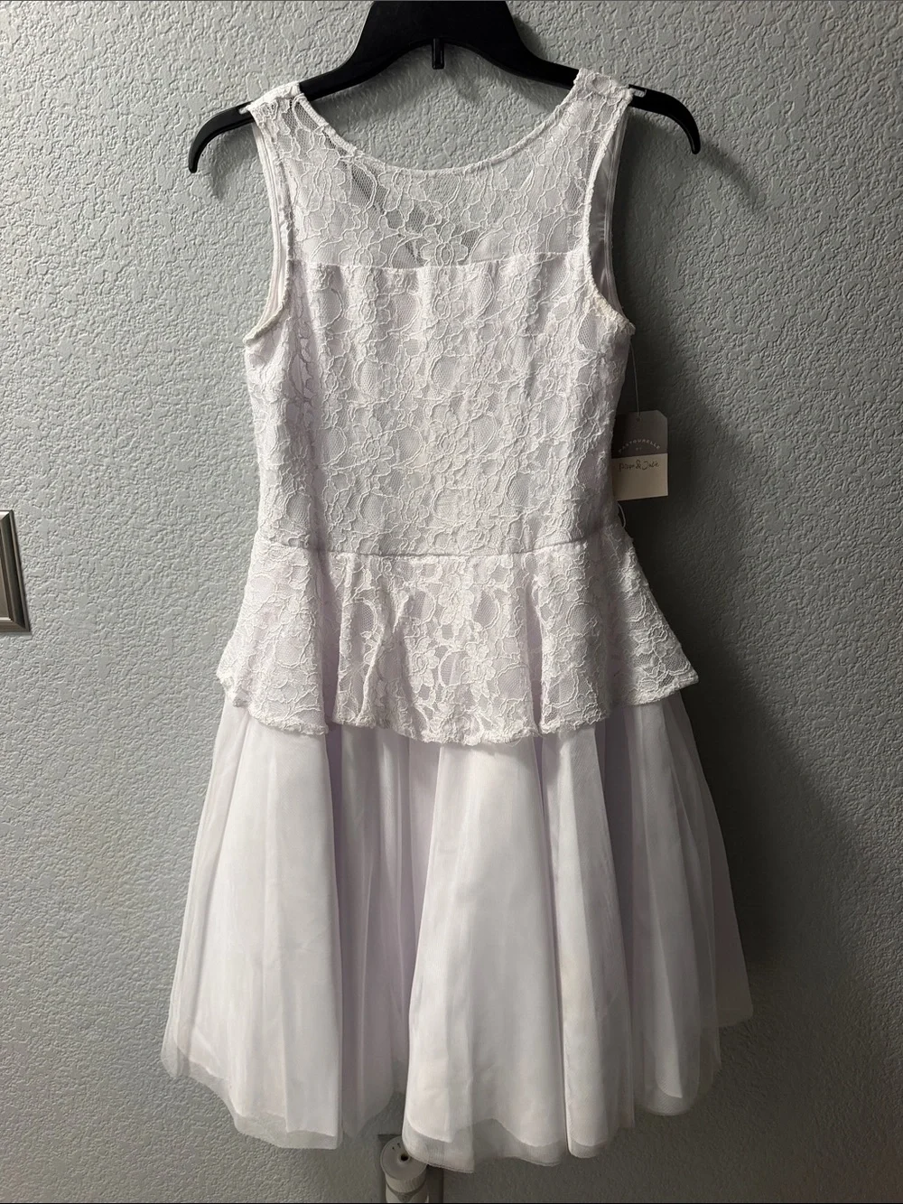 Girls White Lace Peplum Tulle Dress - Brand: